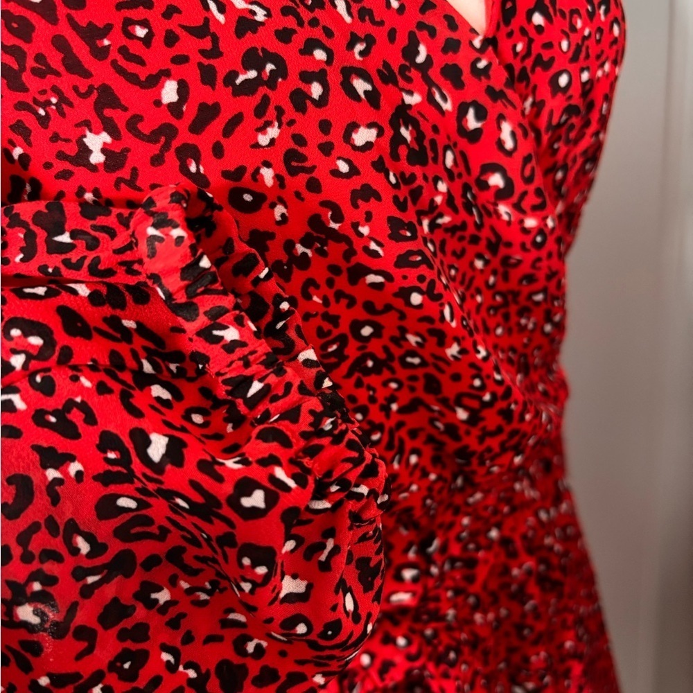 Only Red and Black Wrap Sundress with Sheer Bishop Sleeves - Picture 2 of 10
